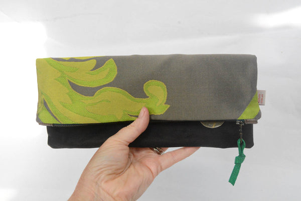 Green Flames Silk/Leather Clutch