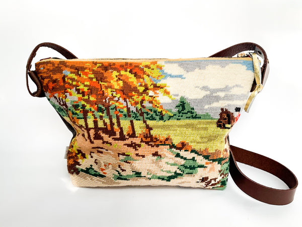 Autumn Gallop Vintage Tapestry Leather Handbag- Large