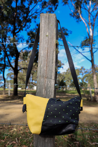 Yellow and Black Repurposed Leather Shoulder Bag