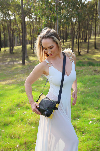 Yellow and Black Repurposed Leather Shoulder Bag