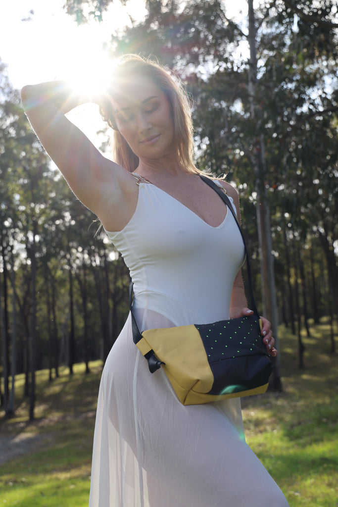 Yellow and Black Repurposed Leather Shoulder Bag