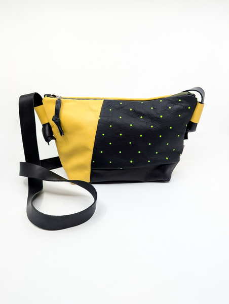 Yellow and Black Repurposed Leather Shoulder Bag