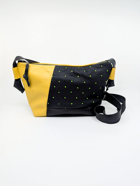 Yellow and Black Repurposed Leather Shoulder Bag