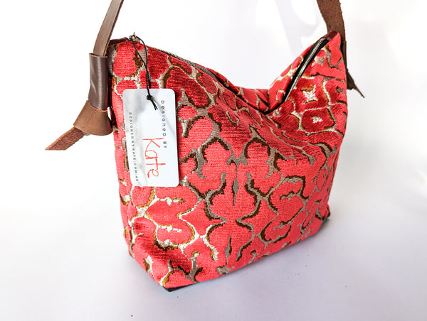 Red Velvet Upholstery Sample and Leather Large Carpet Bag