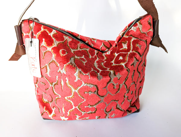 Red Velvet Upholstery Sample and Leather Large Carpet Bag