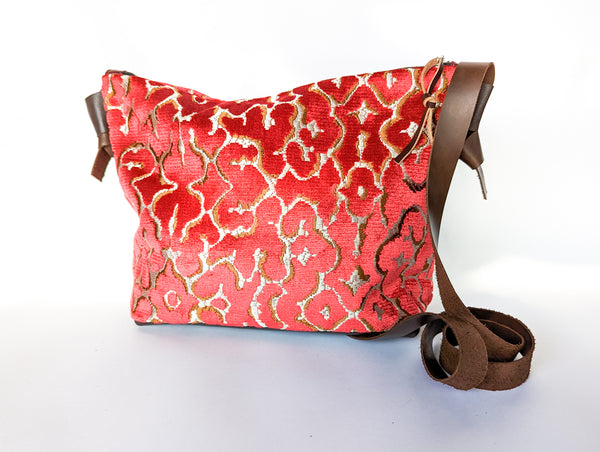 Red Velvet Upholstery Sample and Leather Large Carpet Bag