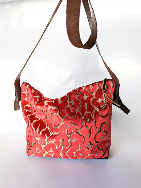 Red Velvet Upholstery Sample and Leather Large Carpet Bag