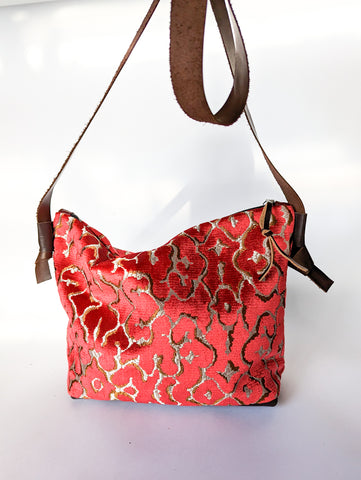Red Velvet Upholstery Sample and Leather Large Carpet Bag