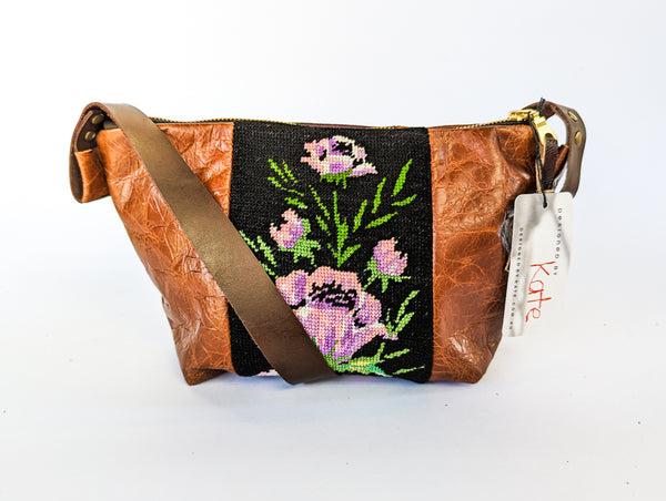 Purple Flowers Vintage Tapestry Leather Handbag