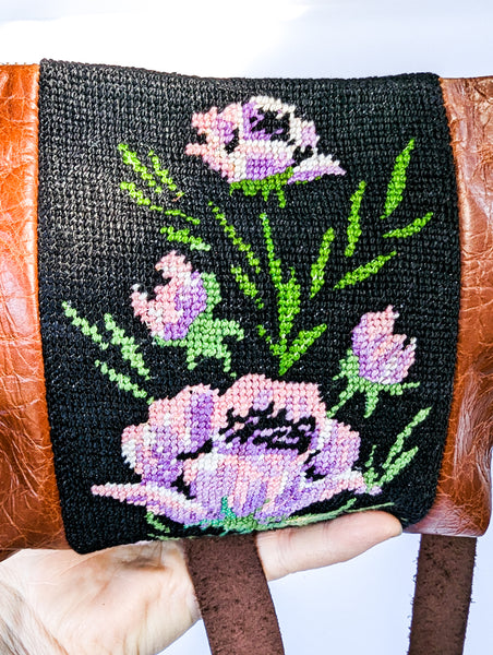 Purple Flowers Vintage Tapestry Leather Handbag