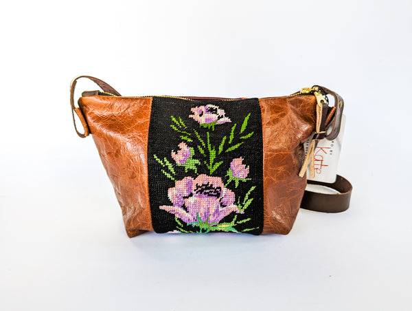 Purple Flowers Vintage Tapestry Leather Handbag