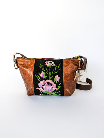 Purple Flowers Vintage Tapestry Leather Handbag