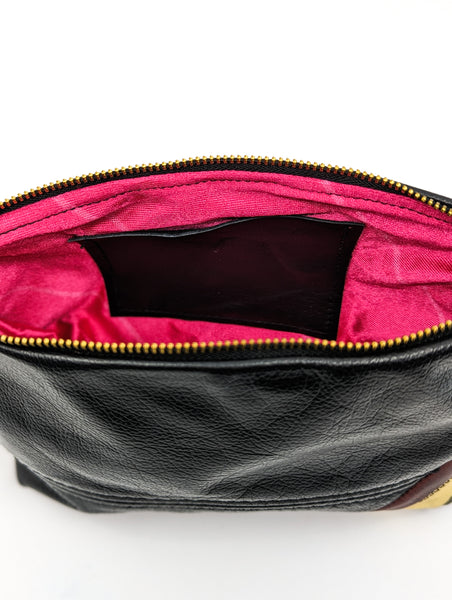 Trash bag! Olive and Gold Stripe Re Purposed Leather Shoulder Bag
