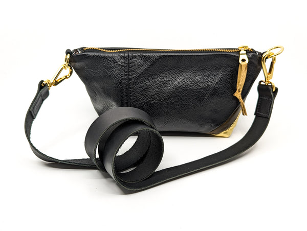 Trash bag! Olive and Gold Stripe Re Purposed Leather Shoulder Bag
