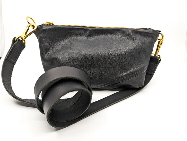 Trash bag! Olive and Gold Stripe Re Purposed Leather Shoulder Bag