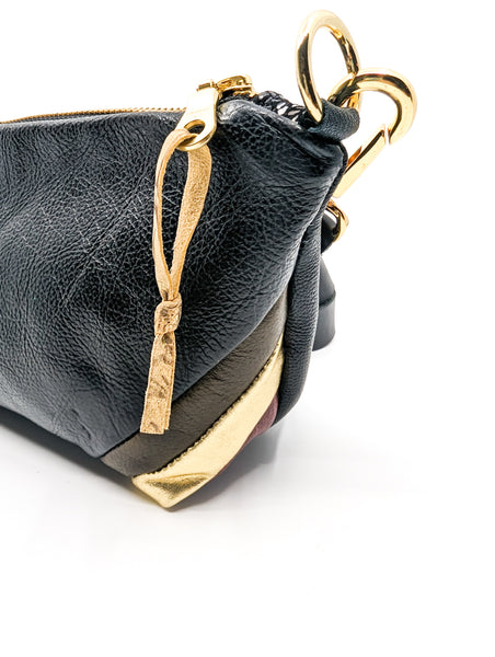 Trash bag! Olive and Gold Stripe Re Purposed Leather Shoulder Bag