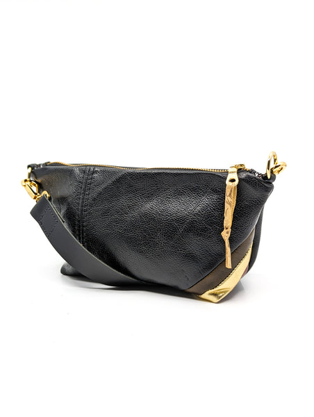 Trash bag! Olive and Gold Stripe Re Purposed Leather Shoulder Bag