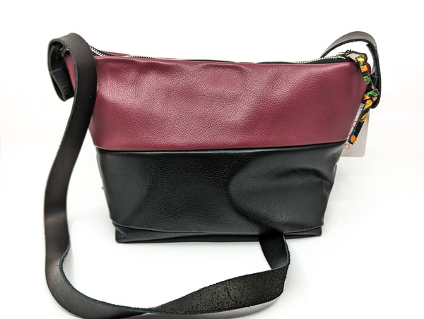 Burgundy and Black Trash bag! Re Purposed Leather Shoulder Bag