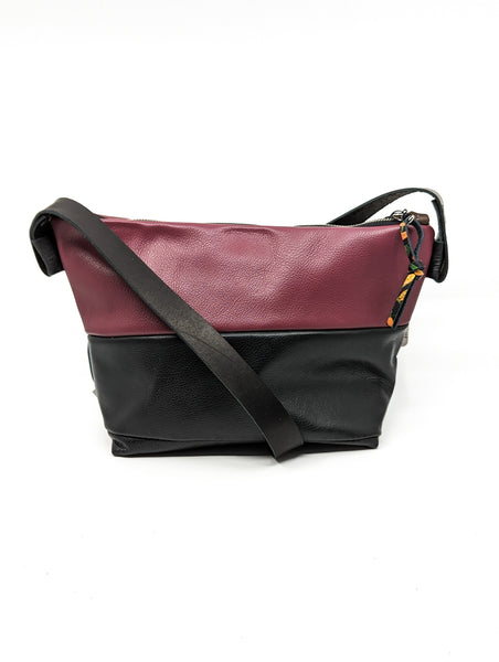 Burgundy and Black Trash bag! Re Purposed Leather Shoulder Bag