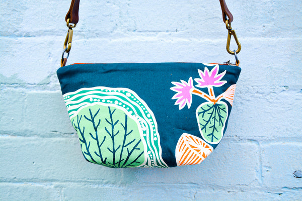 Mermaids-Pink Flower  Indigenous Print and Leather  Shoulder Bag - Large