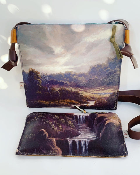 Waterfall Oil Painting Leather Clutch