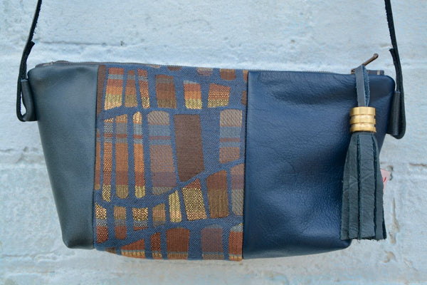 Terracotta and dark blue leather shoulder bag