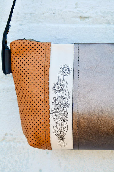 Floral Painting Brown leather shoulder bag