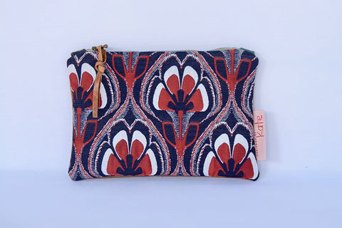 Navy and Red Floral with Tan Leather Purse