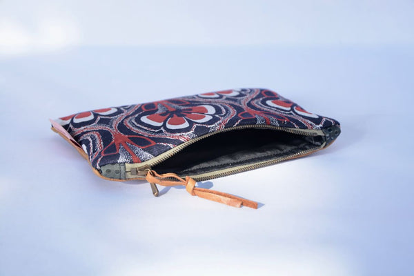 Navy and Red Floral with Tan Leather Purse
