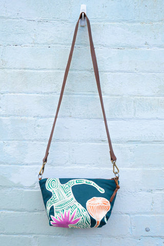 Mermaids Indigenous Print and Leather  Shoulder Bag - Large