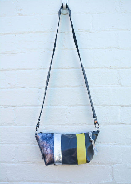 Yellow and Grey Re Purposed Leather Shoulder Bag