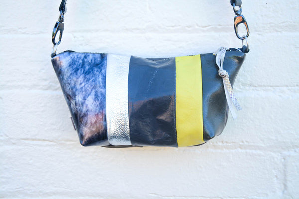 Yellow and Grey Re Purposed Leather Shoulder Bag