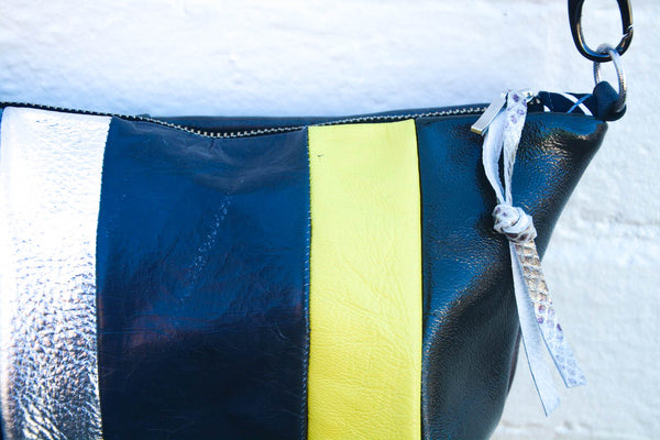 Yellow and Grey Re Purposed Leather Shoulder Bag