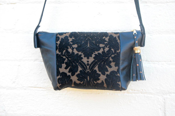 Black Velvet Leather Handbag- Large