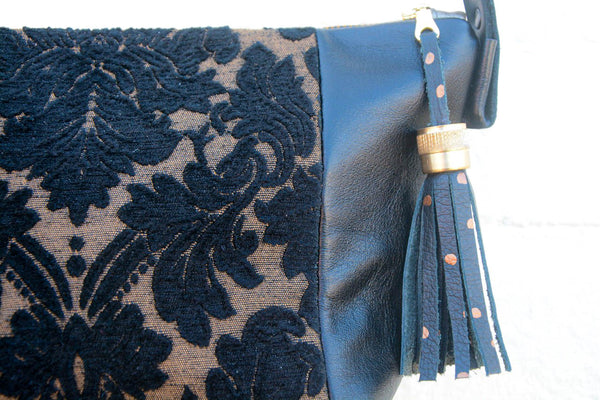 Black Velvet Leather Handbag- Large