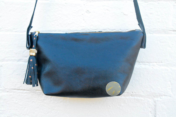 Black Velvet Leather Handbag- Large