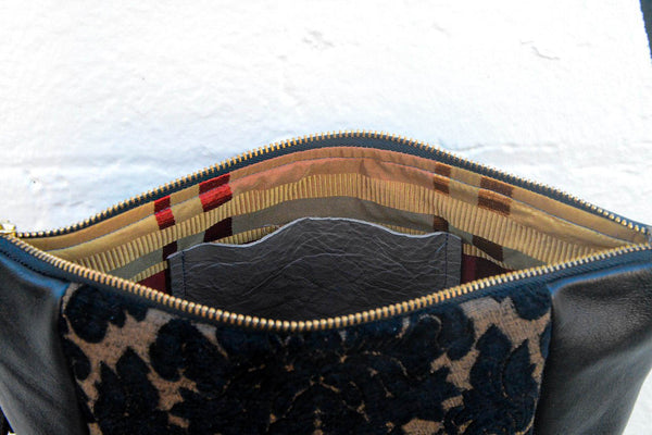 Black Velvet Leather Handbag- Large