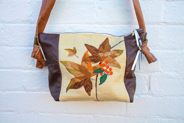 Autumn Leaves Tapestry Leather Handbag- Large