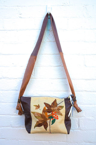 Autumn Leaves Tapestry Leather Handbag- Large