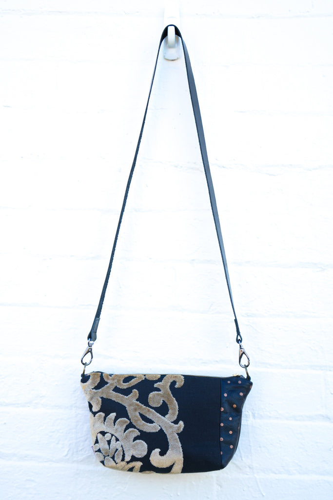 Velvet Fleur De Lis Black Leather Shoulder Bag