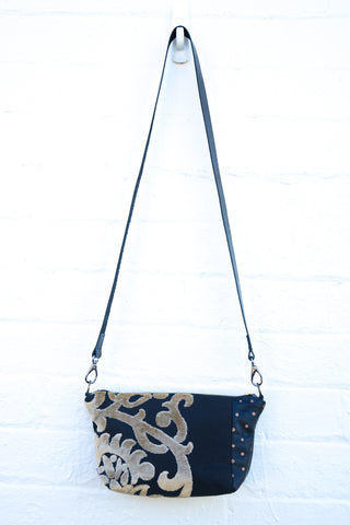 Velvet Fleur De Lis Black Leather Shoulder Bag