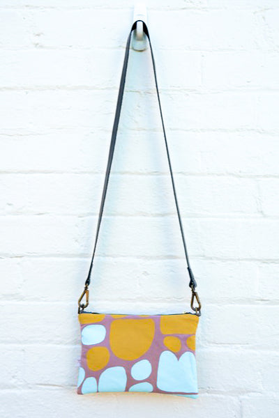 Mint and Mustard Puli Puli Indigenous Screen Print and Leather cross-body bag