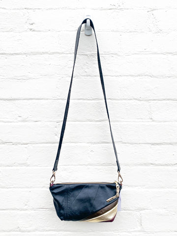 Trash bag! Olive and Gold Stripe Re Purposed Leather Shoulder Bag