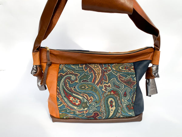Blue Tapestry Leather Large Slouch Bag