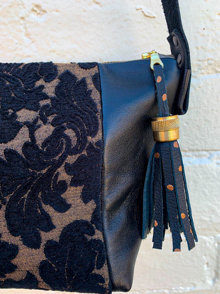 Black Velvet Leather Handbag- Large
