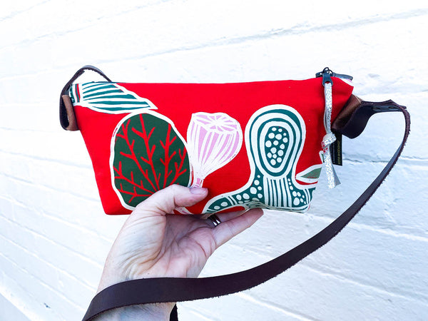 Red Mermaids Small Indigenous Print and Leather  Shoulder Bag