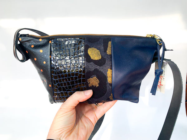 Glitter Gold and Black Re Purposed Leather Shoulder Bag
