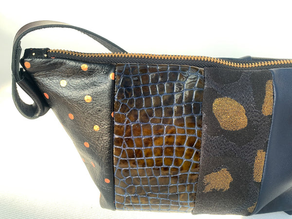 Glitter Gold and Black Re Purposed Leather Shoulder Bag
