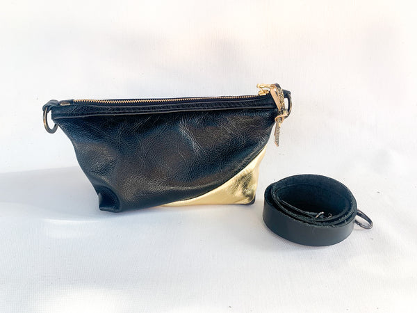 Trash bag! Black and Gold Stripe Re Purposed Leather Shoulder Bag