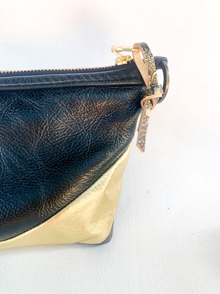 Trash bag! Black and Gold Stripe Re Purposed Leather Shoulder Bag